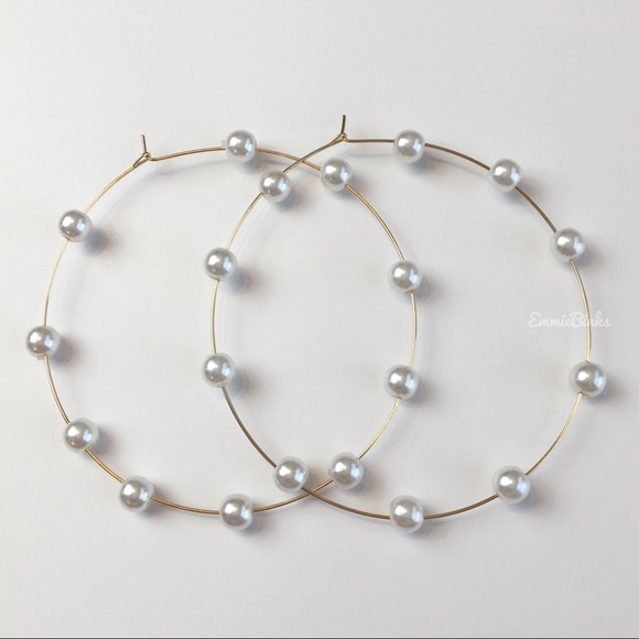 New Zara Large Threader Hoop Statement Earrings ~ Boho Pearl Accents ~ Hoops - Picture 6 of 14